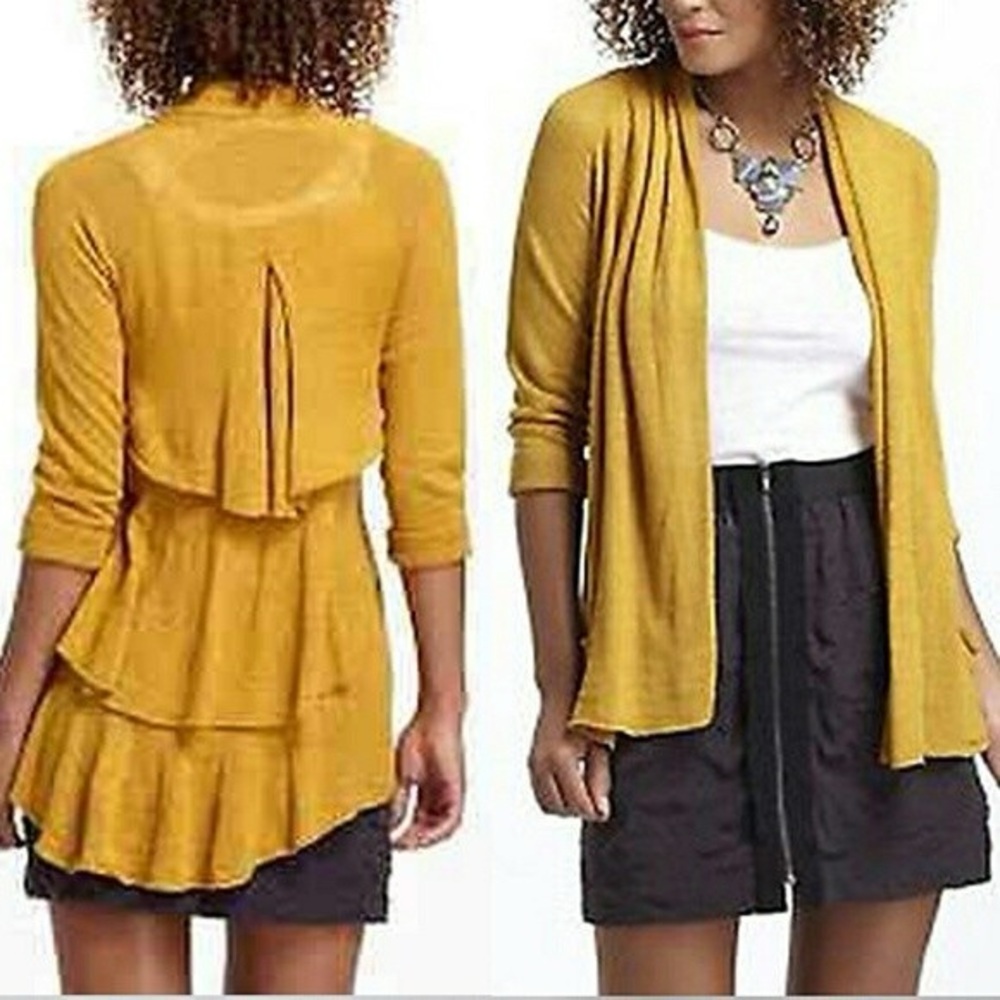Anthropologie Angel of The North Yellow Linen Ruffle Back Cardigan Sweater Sz XS